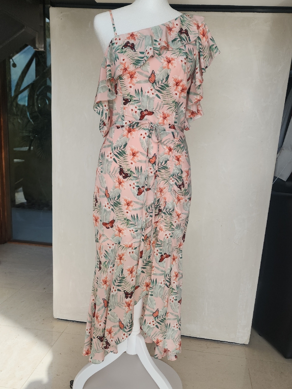 Joie Pink Floral & Green One-Shoulder Maxi Dress